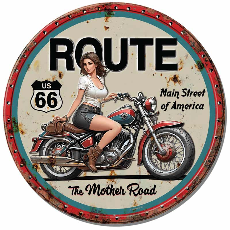 Plechová ceduľa The Mother Road Lady Biker 30 cm