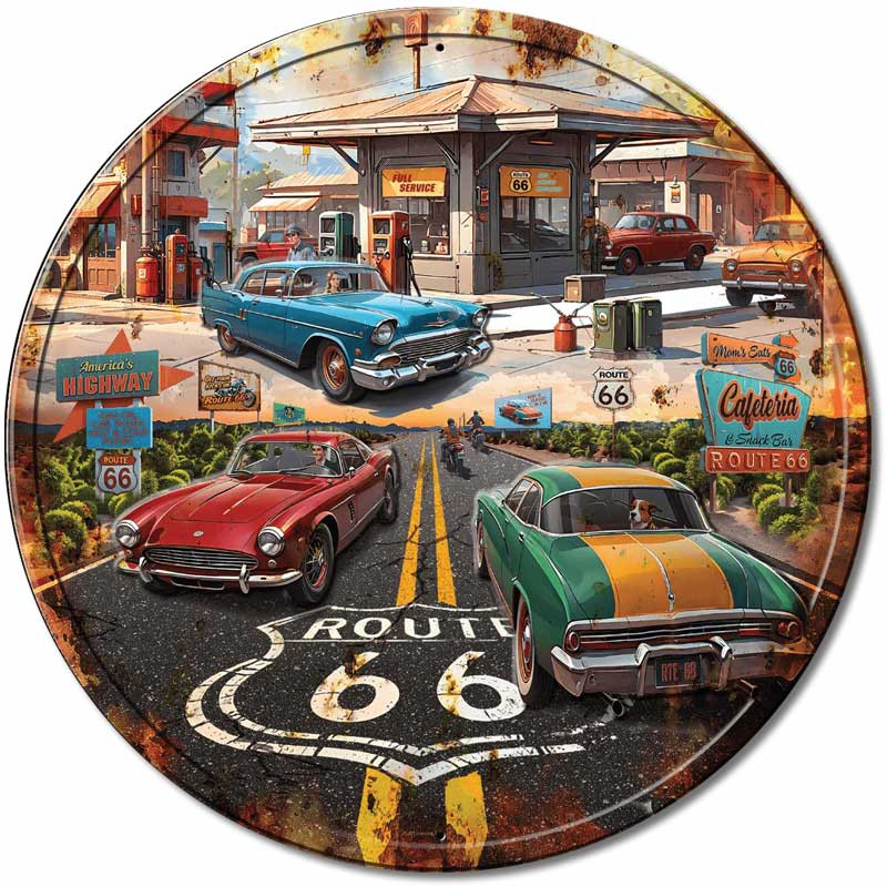 Plechová ceduľa Route 66 Gas round 30 cm