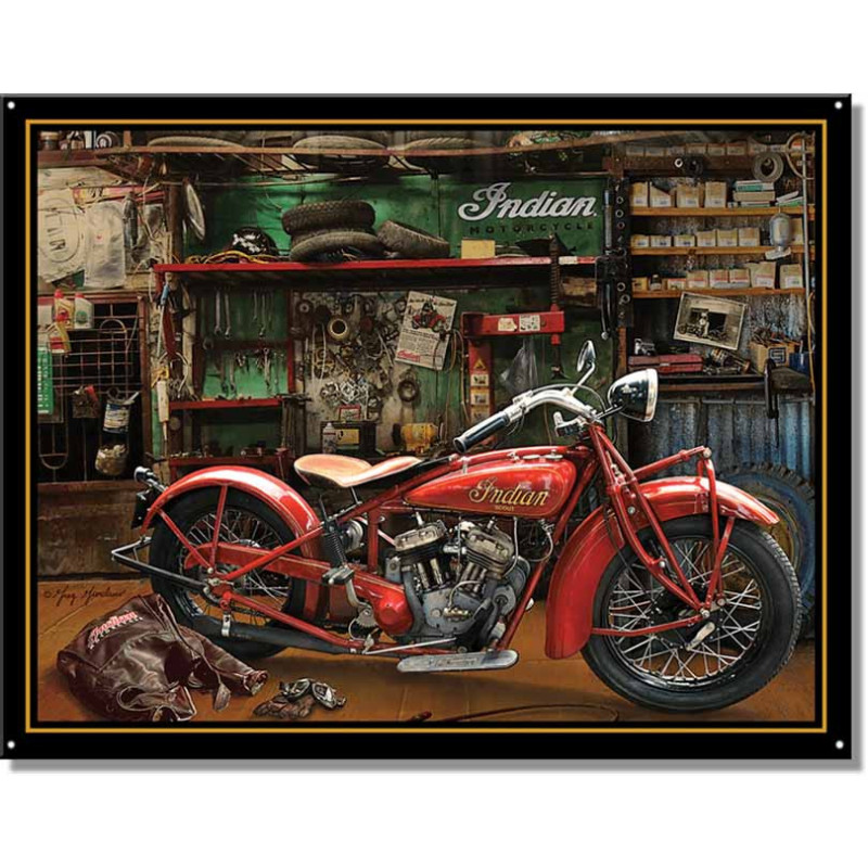 Plechová ceduľa Indian Scout in Garage 40 cm x 32 cm