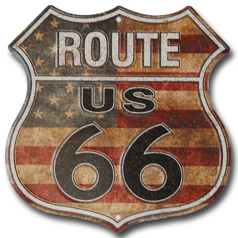 Plechová cedule Route 66 shield US Flag
