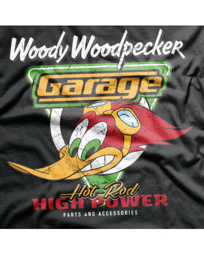Pánské tričko Woody Woodpecker Garage čierne detail
