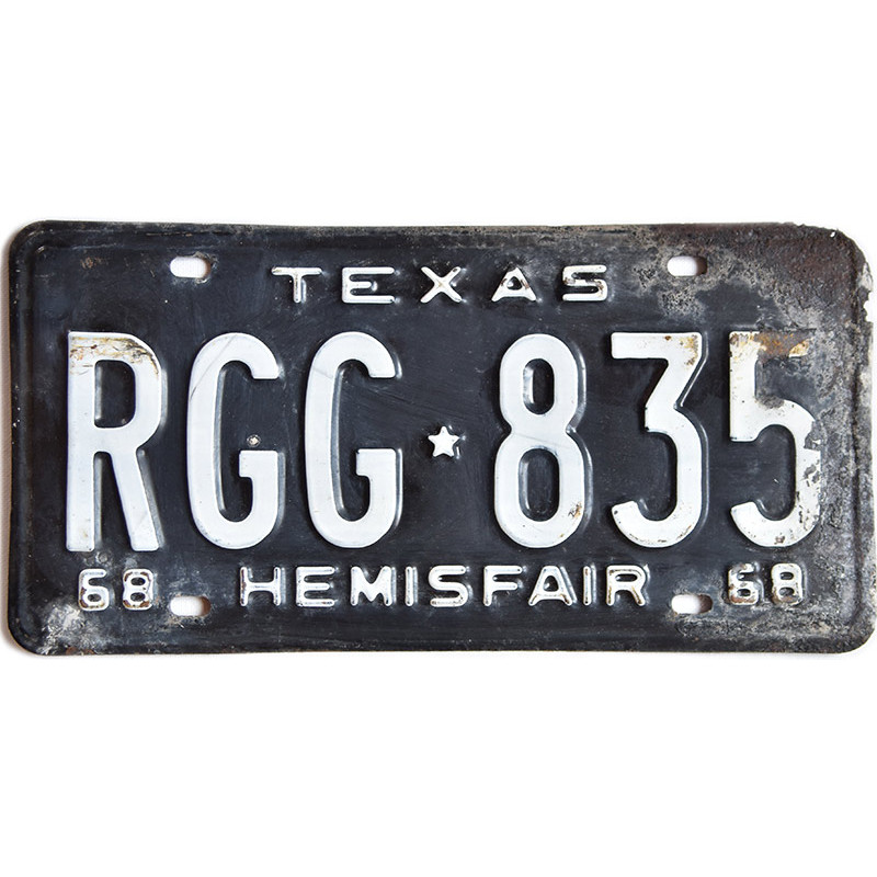 Americká ŠPZ Texas 1968 Black Hemisfair RGG-835 front