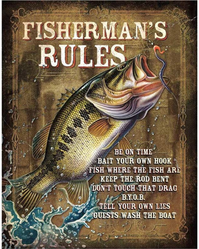 Plechová ceduľa JQ - Fisherman 's Rules 40 cm x 32 cm
