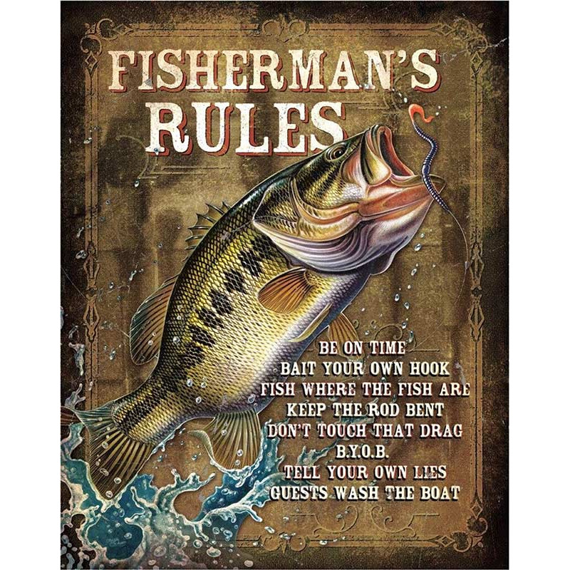 Plechová ceduľa JQ - Fisherman 's Rules 40 cm x 32 cm