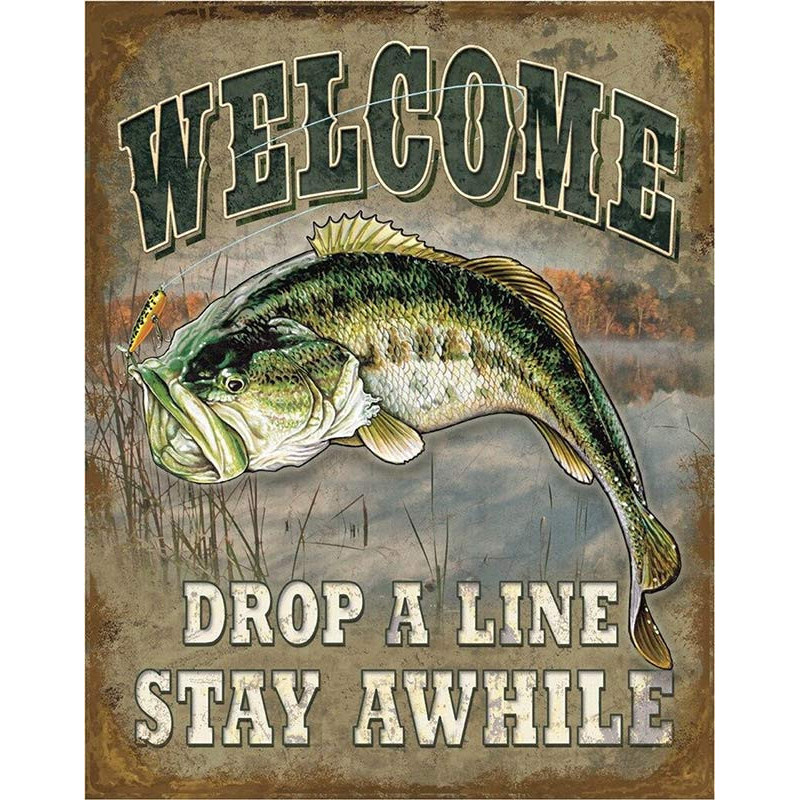 Plechová cedule Welcome Bass Fishing 40 cm x 32 cm