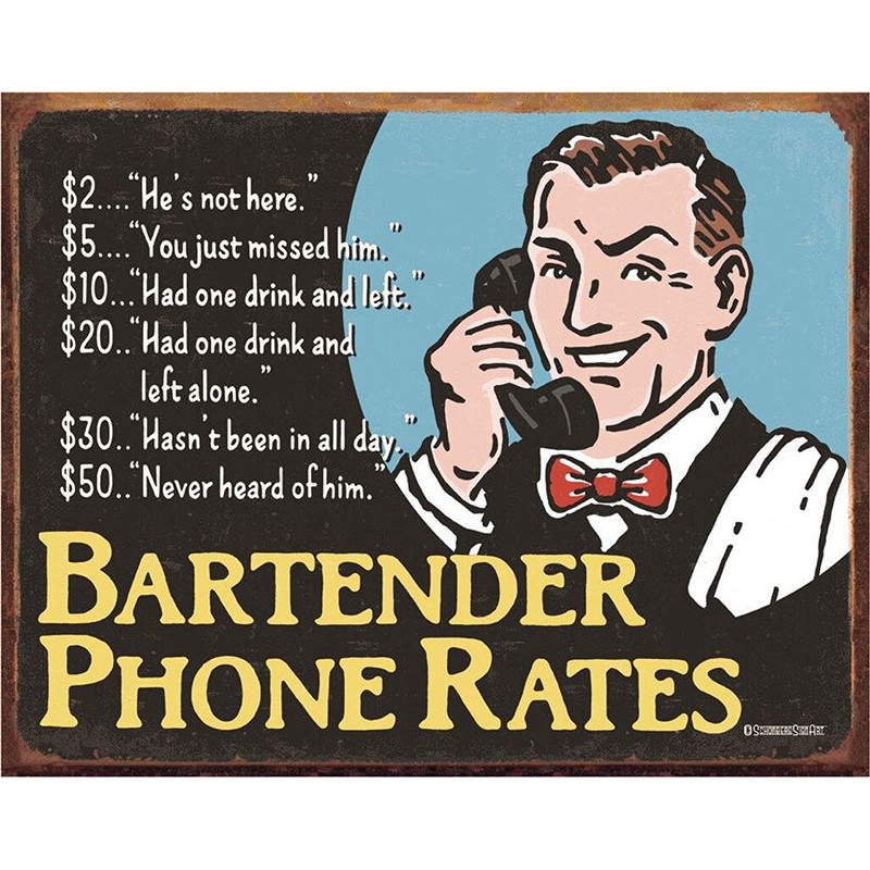 Plechová ceduľa Bartenders Phone Rates 32 cm x 40 cm