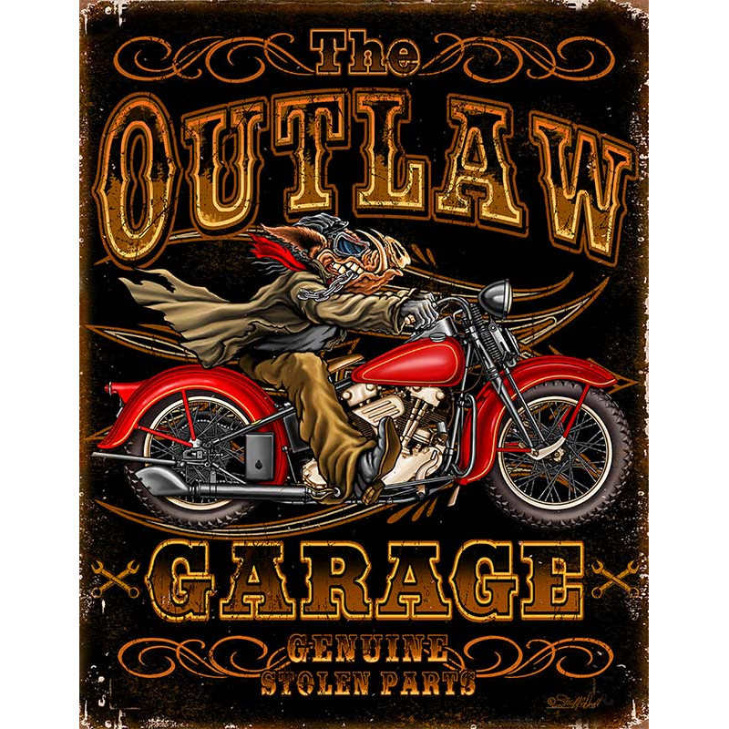 Plechová ceduľa Outlaw Garage Bikes 32 cm x 40 cm